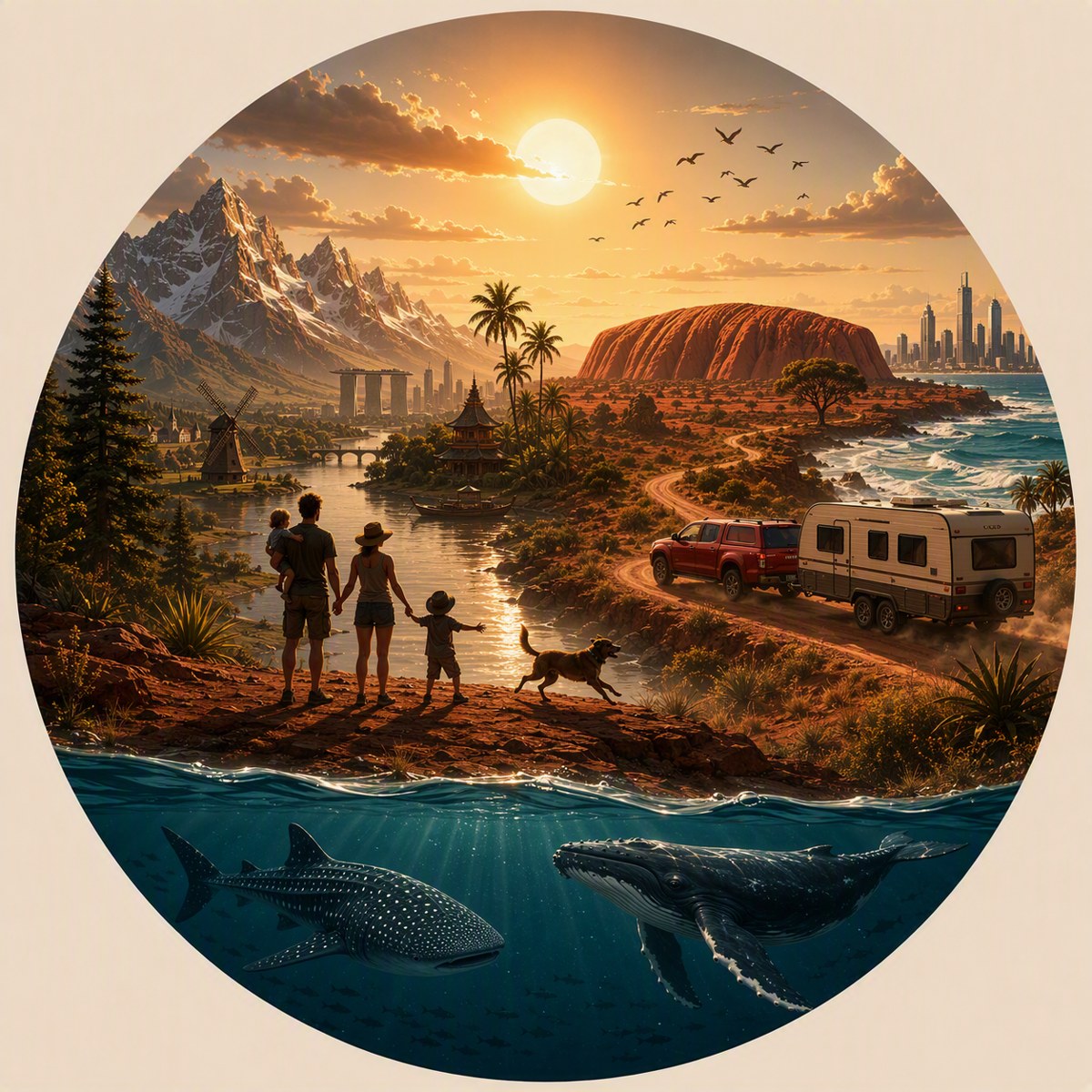 Commissioned caravan spare wheel cover artwork: circular montage of a family's travels, from snow-capped ranges to Uluru to the coast